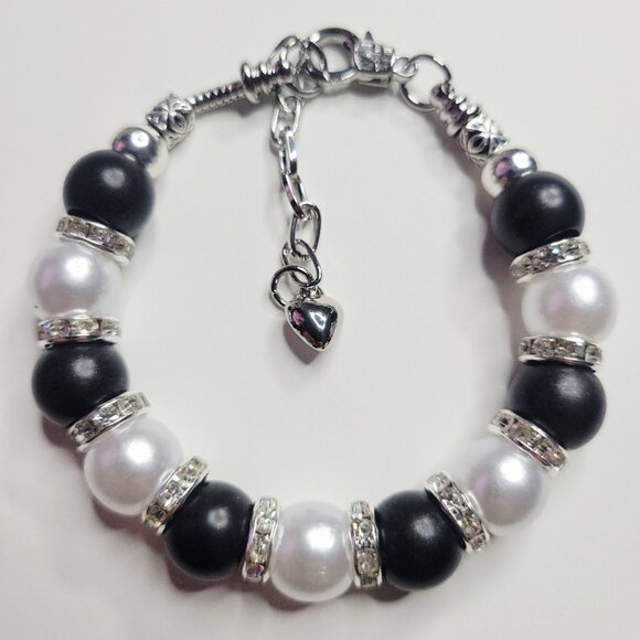 NWT Pandora Style Charm Bracelet Big Black And White Tuxedo Rhinestones Med - Lg - Picture 5 of 6